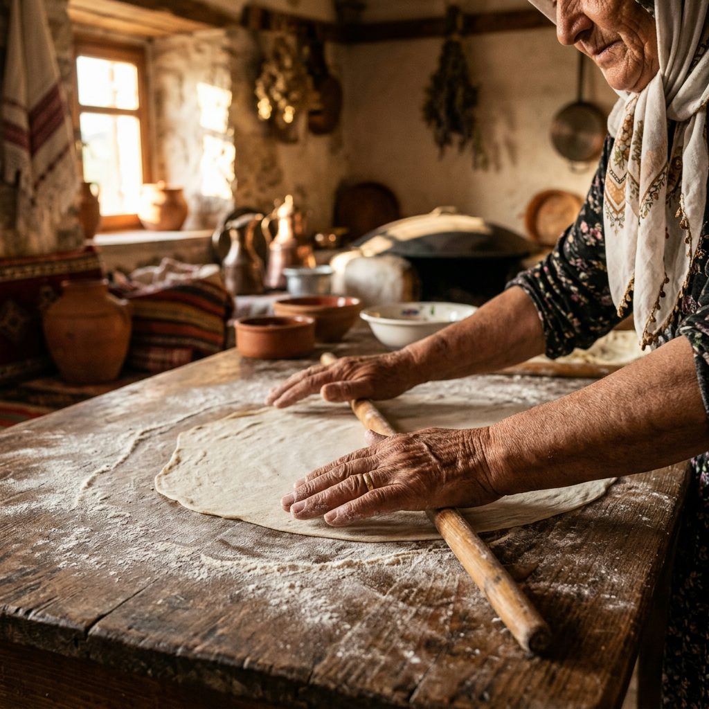Rolling gözleme dough by hand