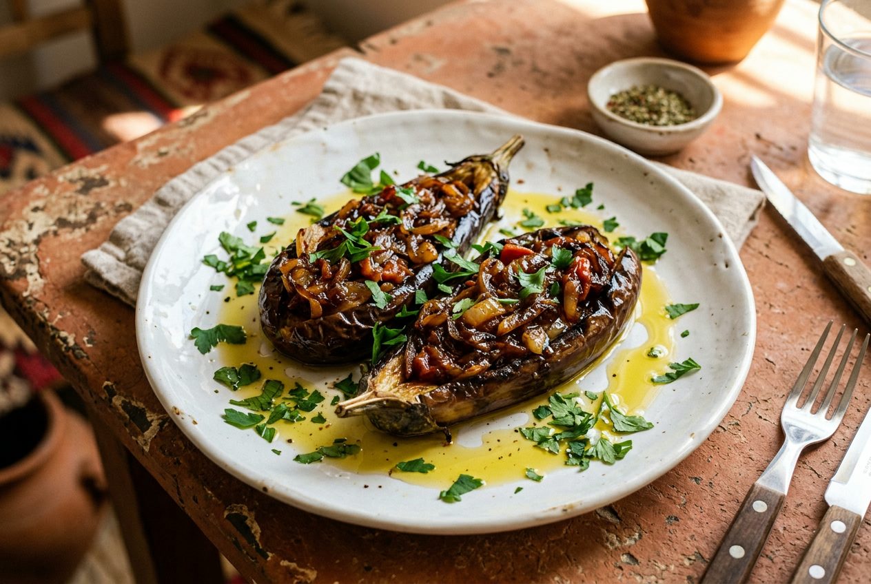 İmam Bayıldı — braised stuffed aubergines on a ceramic plate