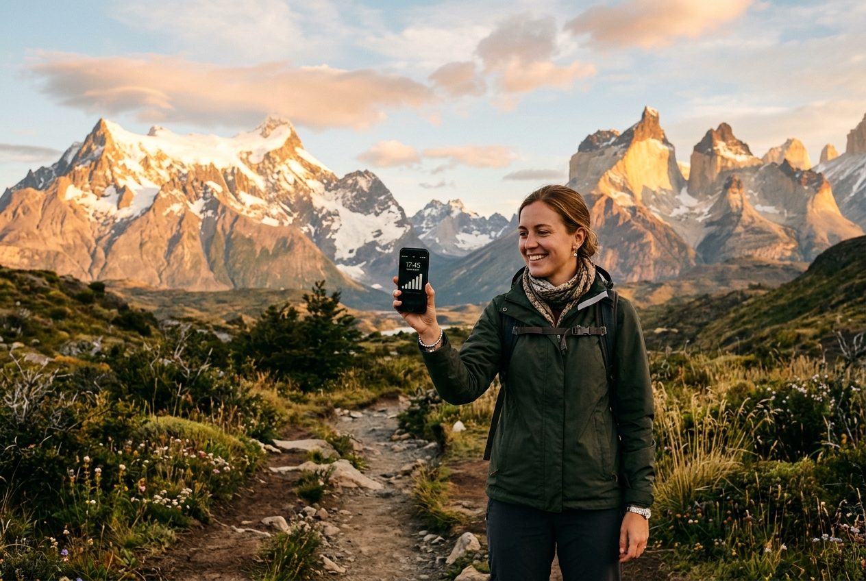 Turista en Chile eligiendo operadora móvil con los Andes de fondo