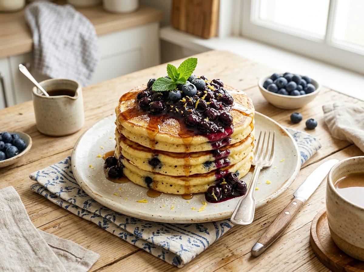Lemon Ricotta Pancakes with Blueberry Compote