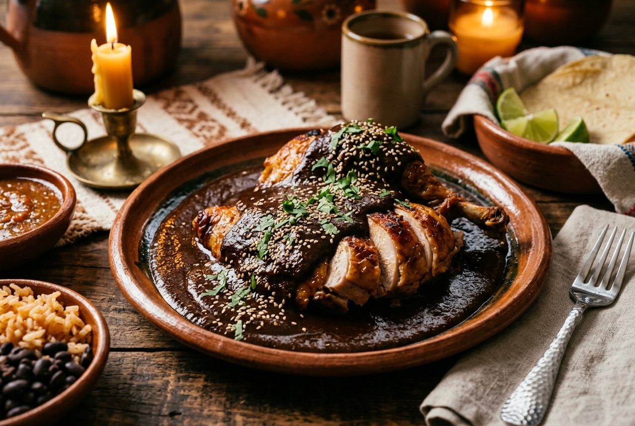 Oaxacan Mole Negro on a clay plate