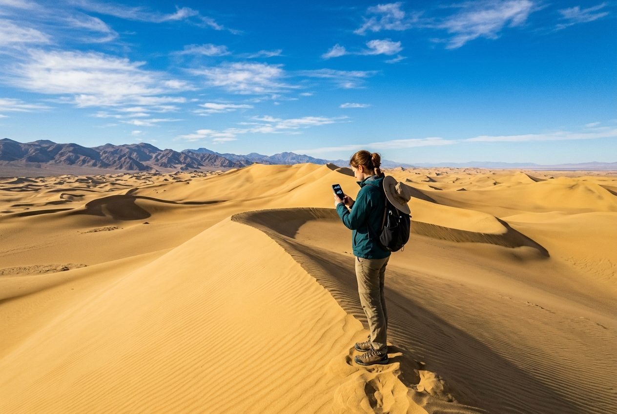 Turista con smartphone en el Desierto de Atacama