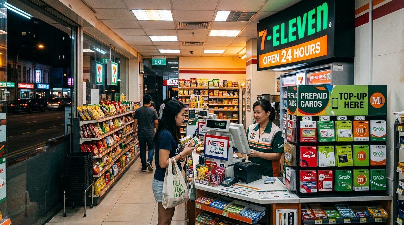 7-Eleven store interior Singapore with prepaid scratch cards