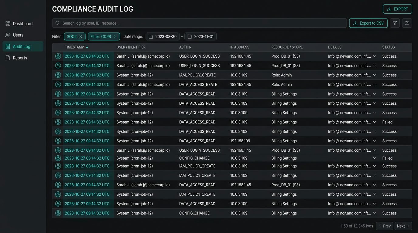 Audit Log and Compliance interface