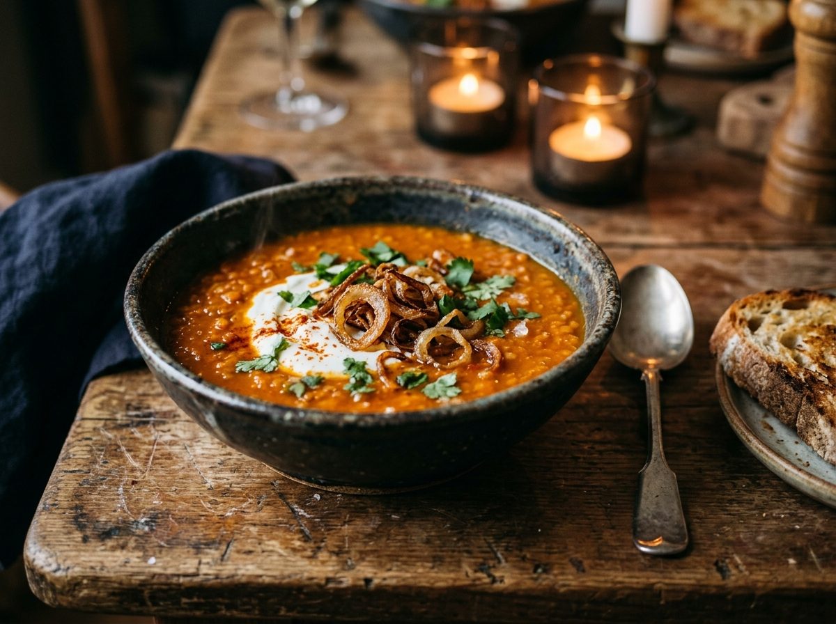 Spiced Red Lentil Soup with Crispy Shallots