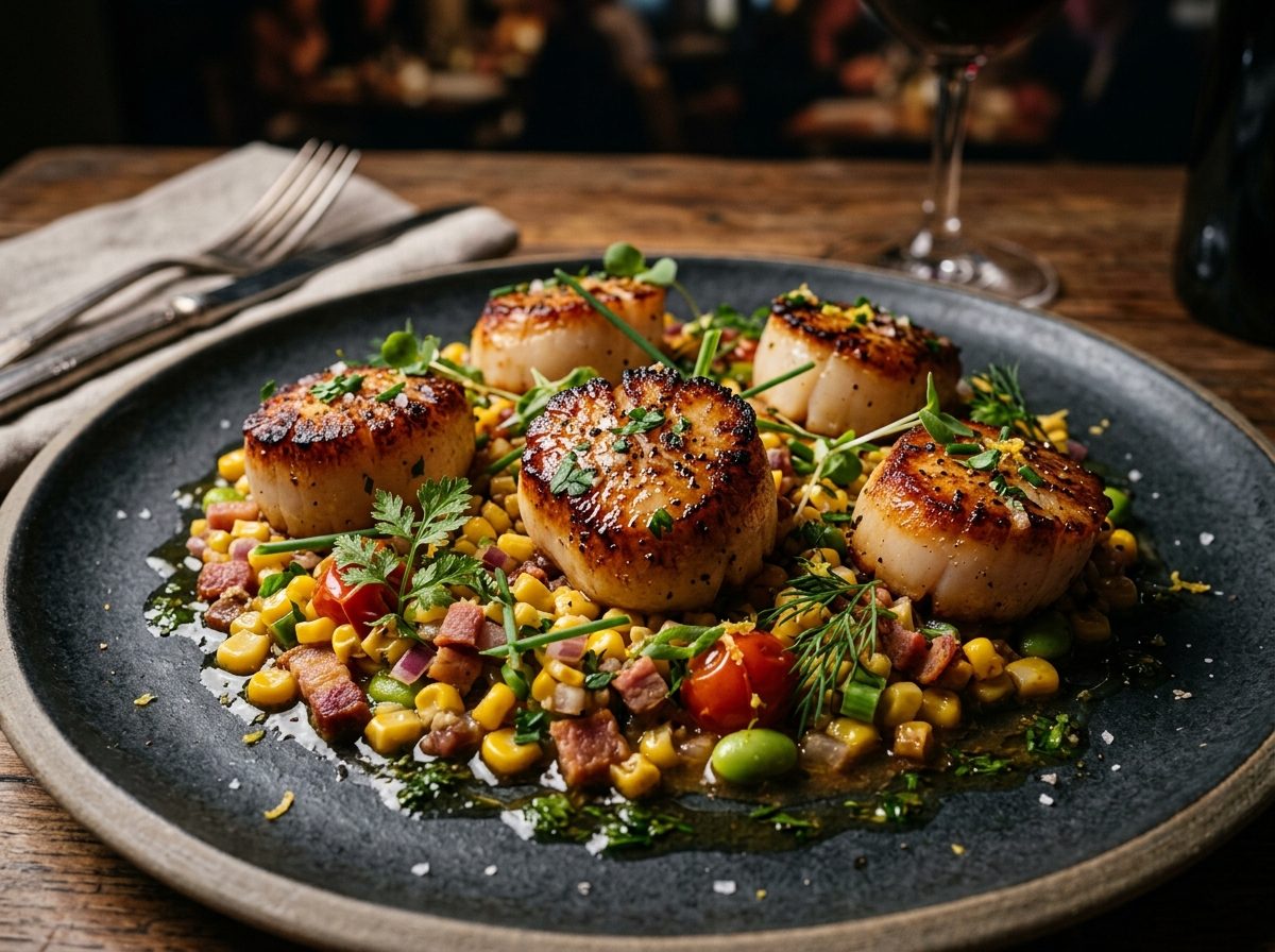 Seared Scallops with Corn & Bacon Succotash