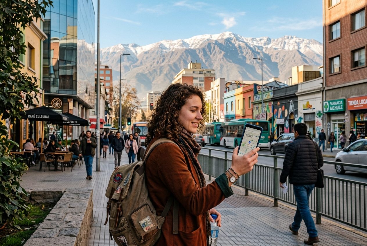 Turista en Santiago usando smartphone con SIM prepago chilena