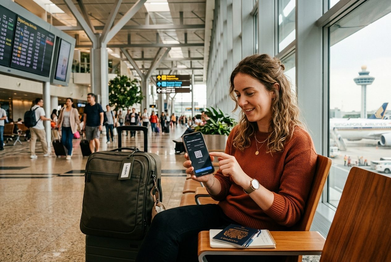 Viajero activando eSIM en aeropuerto